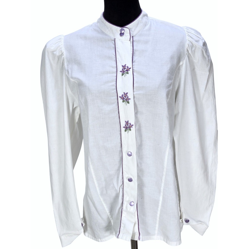 Women's VTG Large White Cotton Floral Embroidered Puff Sleeve Blouse Victorian